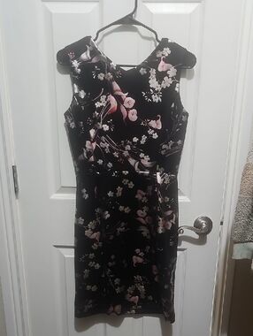Black Floral Midi Dress with Pink Blossom Accents